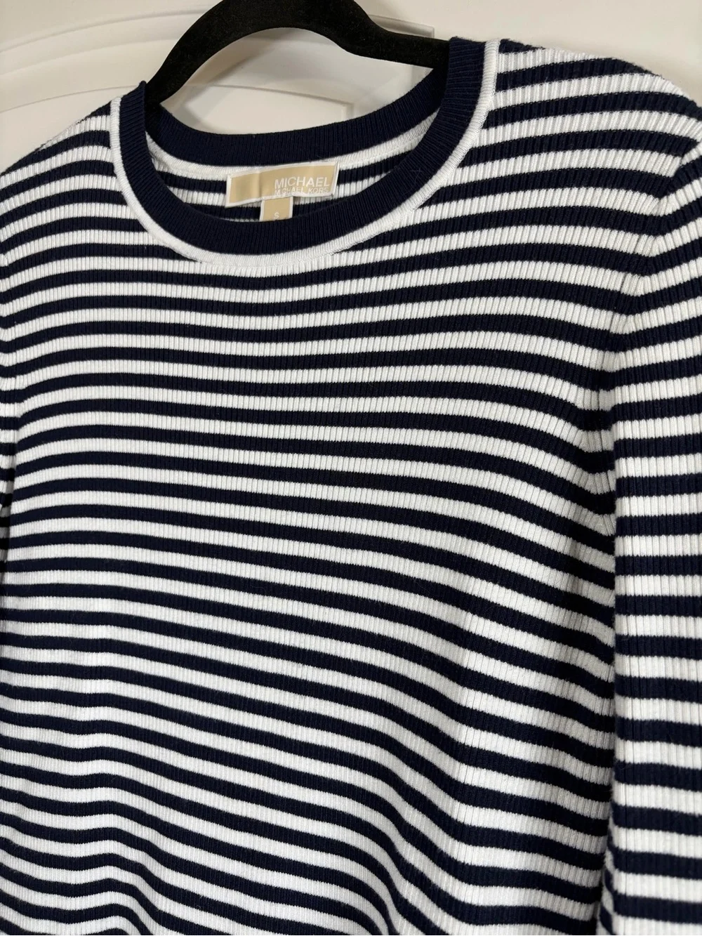 Michael Kors Ribbed Navy and White Striped Crewneck Sweater